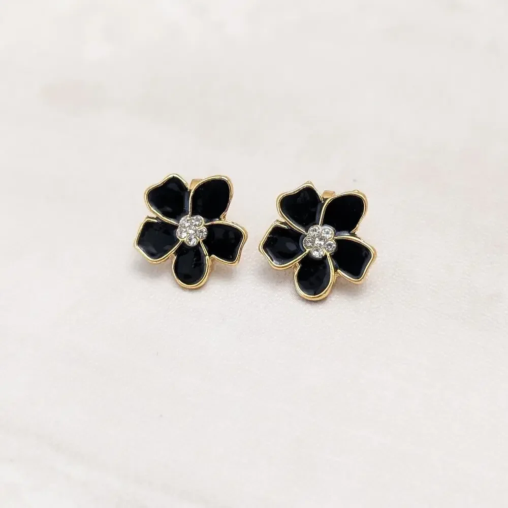 Black Enamel Small Flower Small with Clear Gem Accents Clip On Earrings